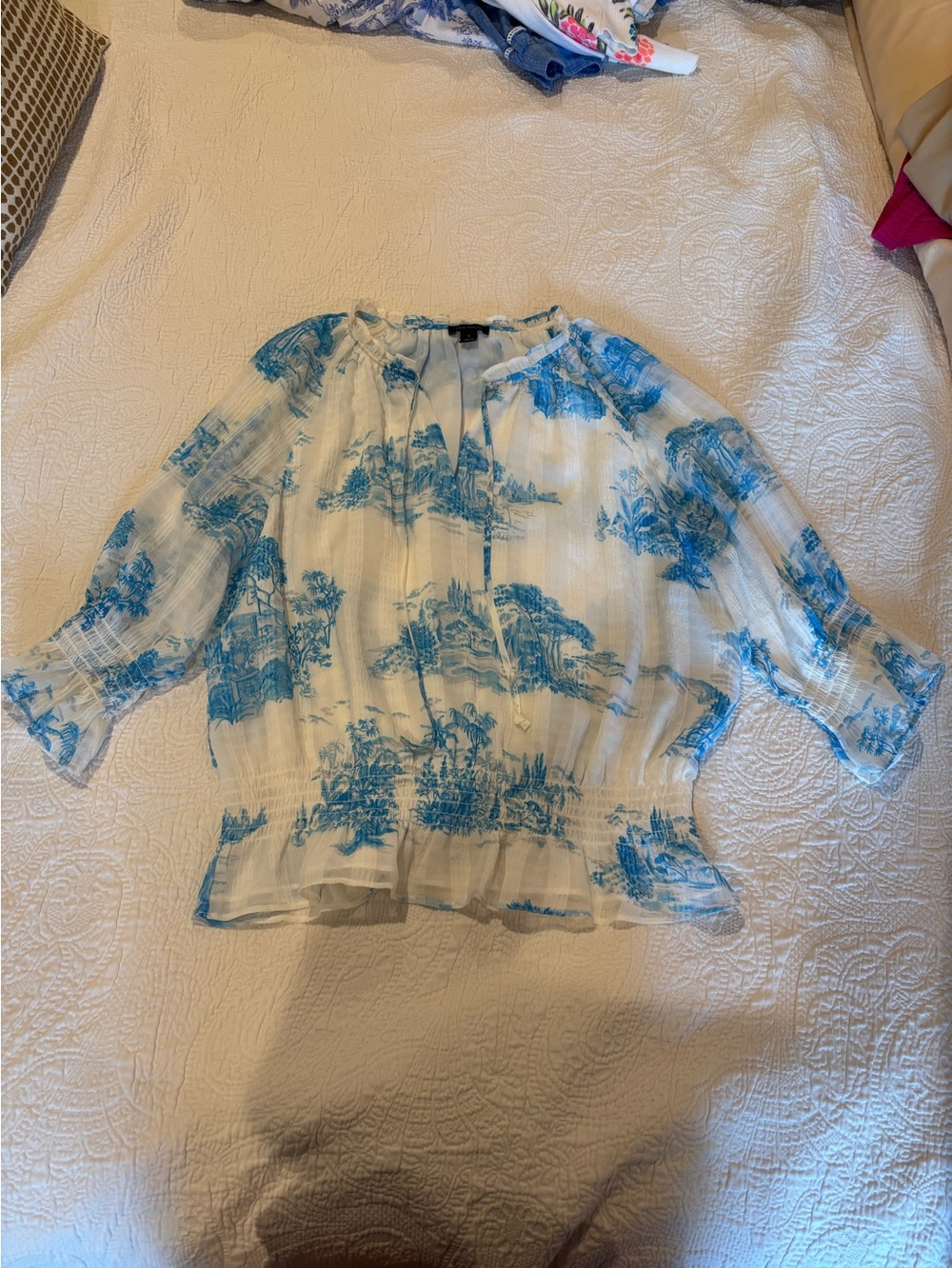 Ann Taylor White Sheer Blouse with Blue Scenic Print
